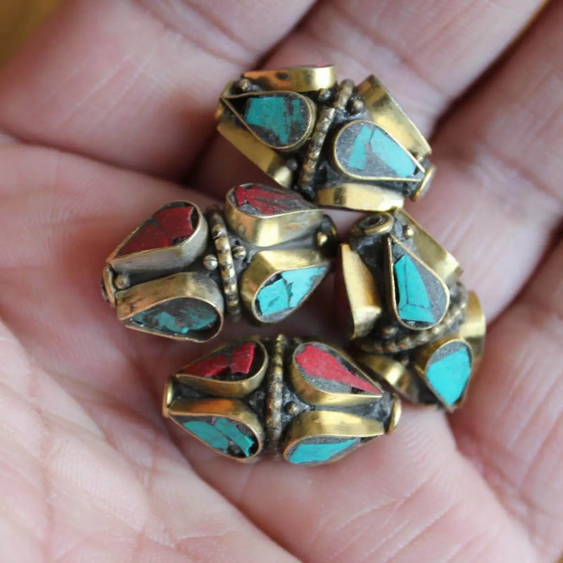 Nepal Brass Metal Beads Inlaid Stone Shuttle Loose Beads 4 PCS