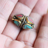 Nepal Brass Metal Beads Inlaid Stone Shuttle Loose Beads 4 PCS