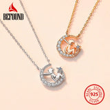 925 Silver CZ Moon Pendant Necklace Rose Girl Gift