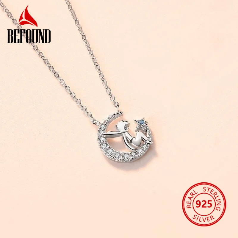 925 Silver CZ Moon Pendant Necklace Rose Girl Gift