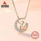 925 Silver CZ Moon Pendant Necklace Rose Girl Gift