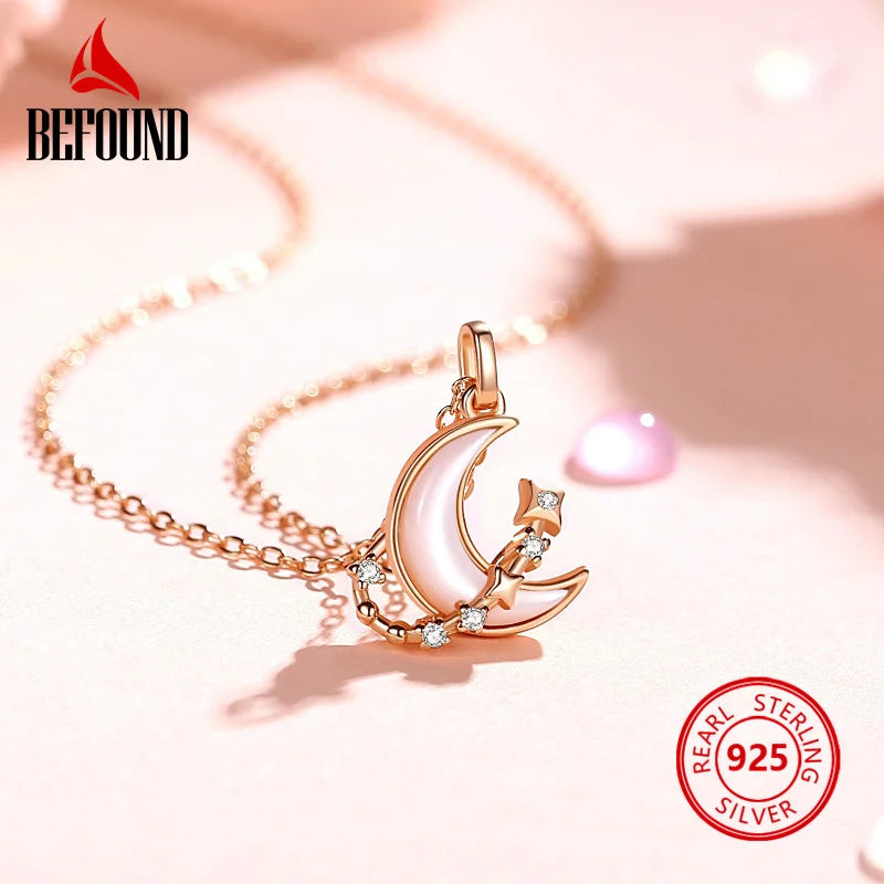 925 Silver Moon Necklace with Rose Zircon & Mother of Pearl Pendant