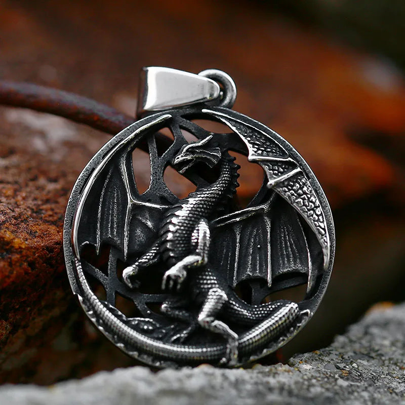 Flying Dragon Pendant For Men Stainless Steel Animal Round Jewelry Gift