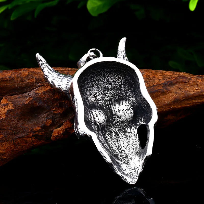 Vintage Goat Horn Devil Skull Pendant Necklace