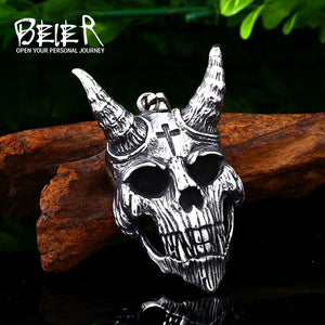 Vintage Goat Horn Devil Skull Pendant Necklace