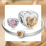 925 Silver Pink Cat Heart Beads CZ Charms Bracelet DIY Jewelry