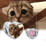 925 Silver Pink Cat Heart Beads CZ Charms Bracelet DIY Jewelry