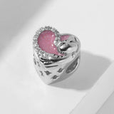 925 Silver Pink Cat Heart Beads CZ Charms Bracelet DIY Jewelry