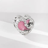 925 Silver Pink Cat Heart Beads CZ Charms Bracelet DIY Jewelry