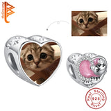 925 Silver Pink Cat Heart Beads CZ Charms Bracelet DIY Jewelry