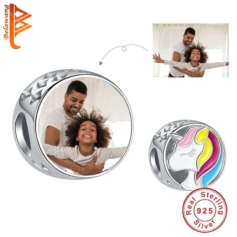 925 Sterling Silver Unicorn Bead Enamel Photo Charm for Bracelet