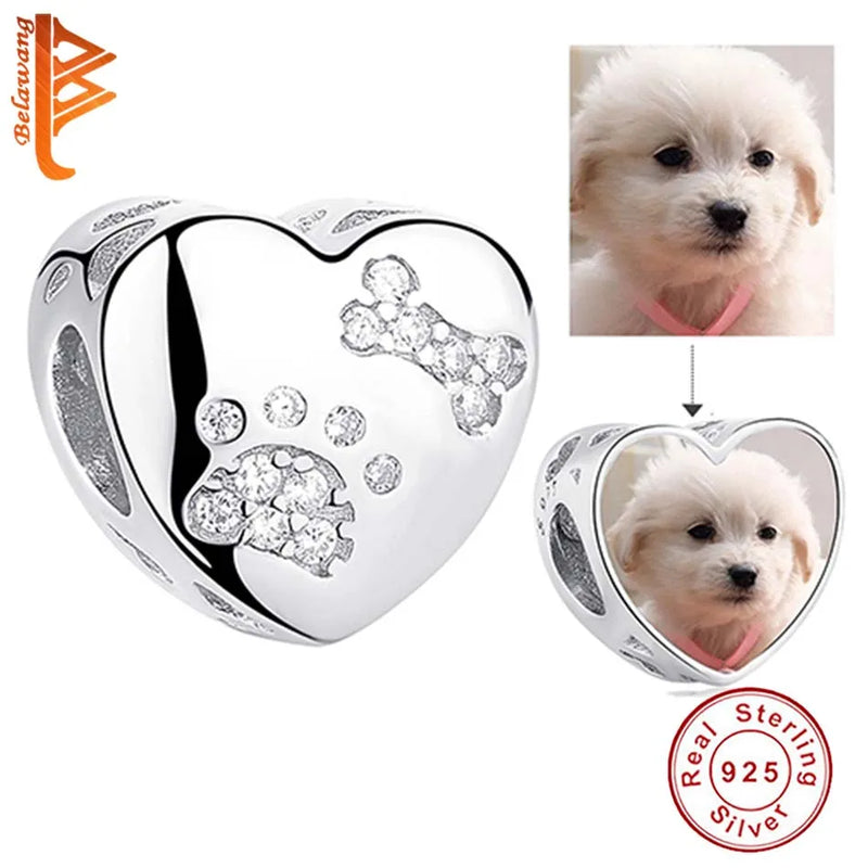 925 Silver Dog Footprint CZ Charm Bead Bracelet DIY Gift