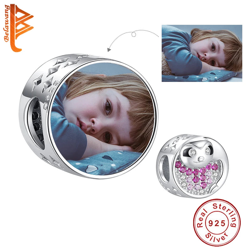 925 Sterling Silver Baby Sloth Round Beads with CZ Photo Charms