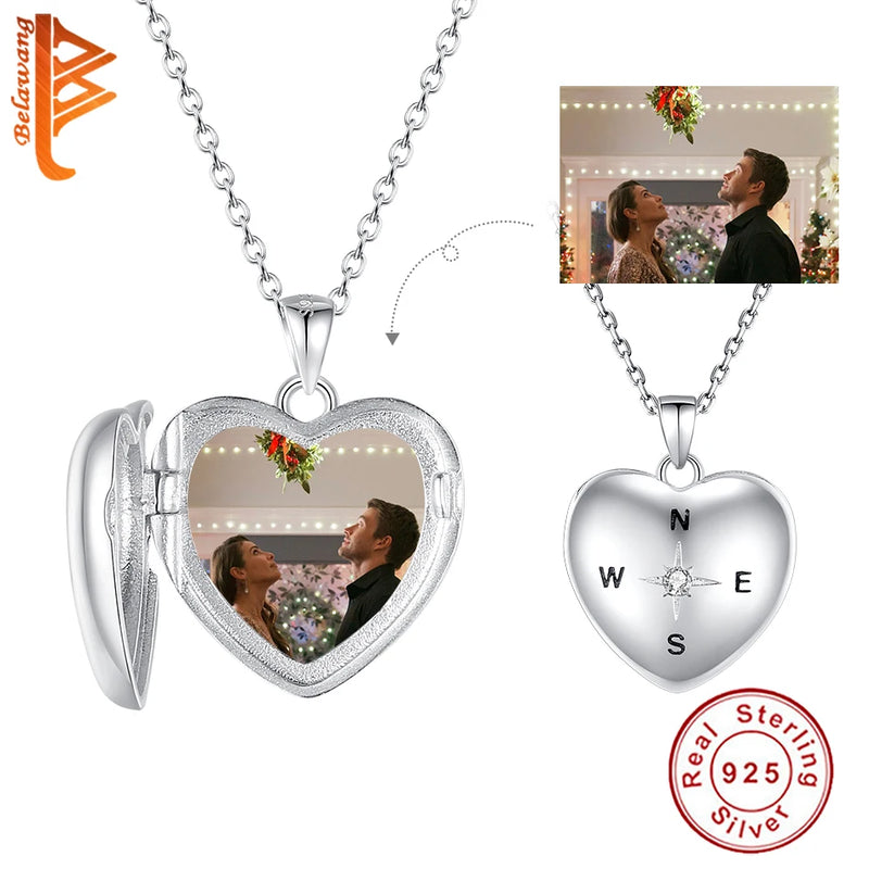 925 Silver Compass Flip Pendant Photo Chain Family Jewelry