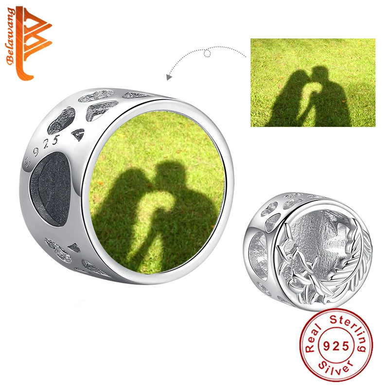 925 Silver Feather Round Beads Photo Charms Women Jewelry