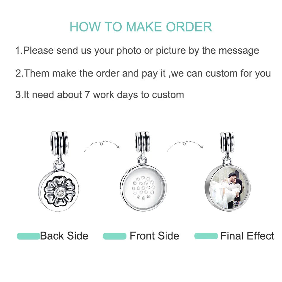 925 Silver Personalized Vintage Flower Dangle Photo Pendant Charms