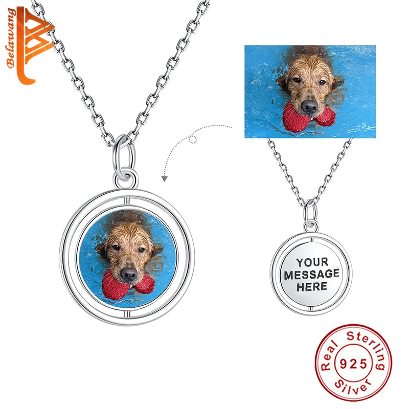 925 Silver Rotatable Round Photo Pendant Necklace Personalized DIY Chains