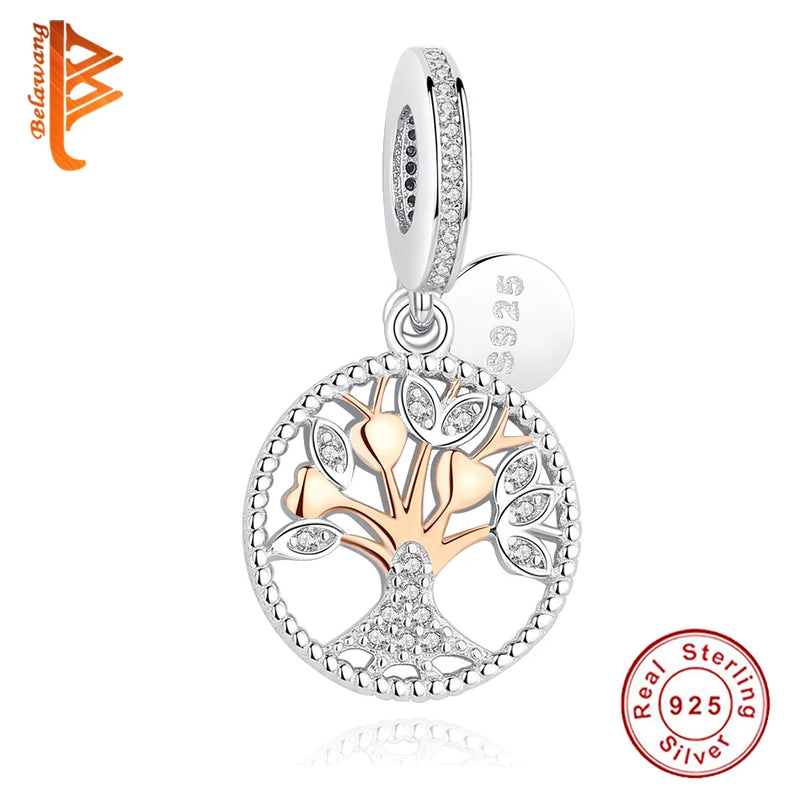 925 Silver Rose Family Tree Dangle Charm for Bracelet DIY Jewelry