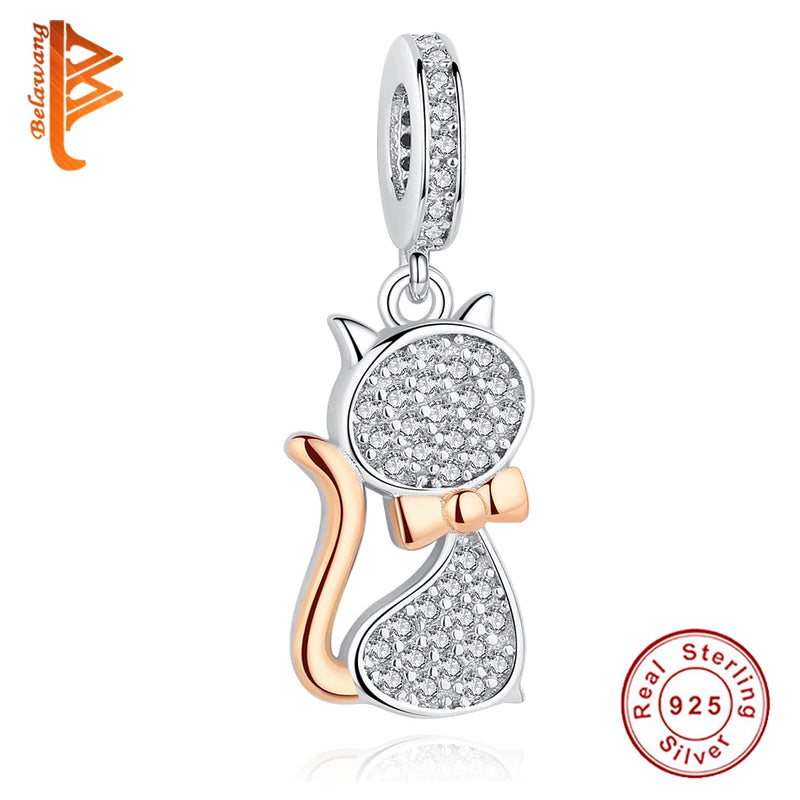 925 Sterling Silver Cat Bead With Bow Dangle Charm