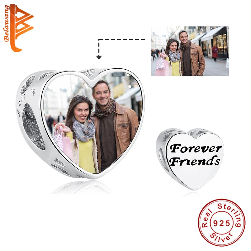 925 Silver Friendship Heart Photo Charms Beads for Women Bracelets