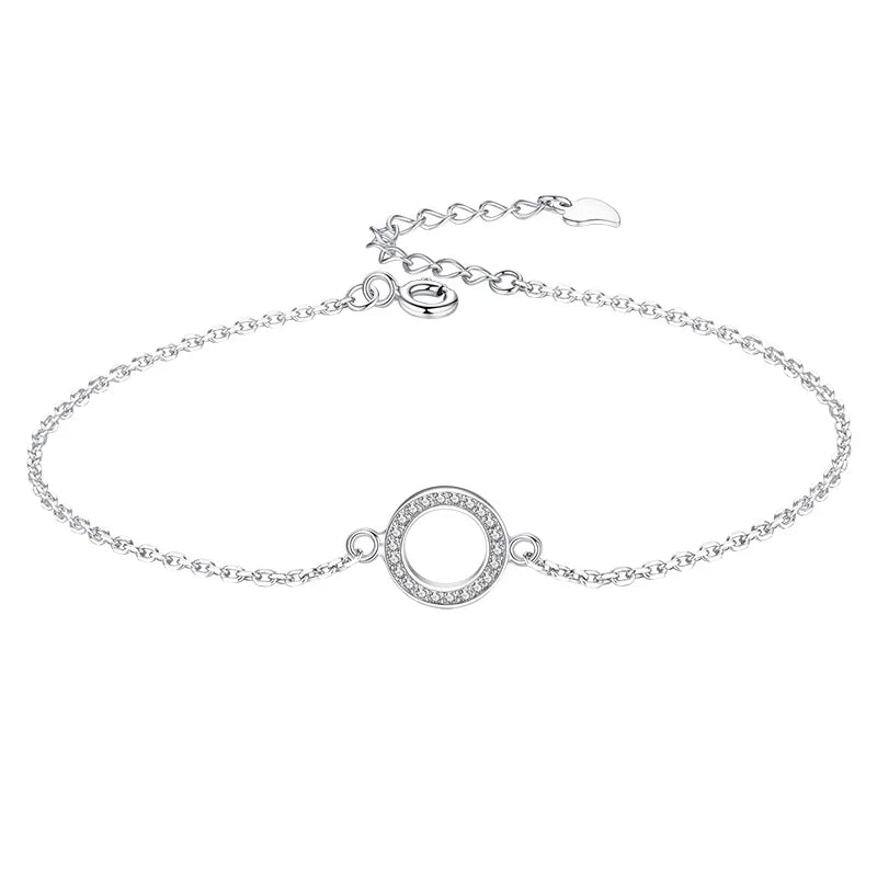 925 Silver Bracelet Cubic Zirconia Circle Charm Chain Link Jewelry