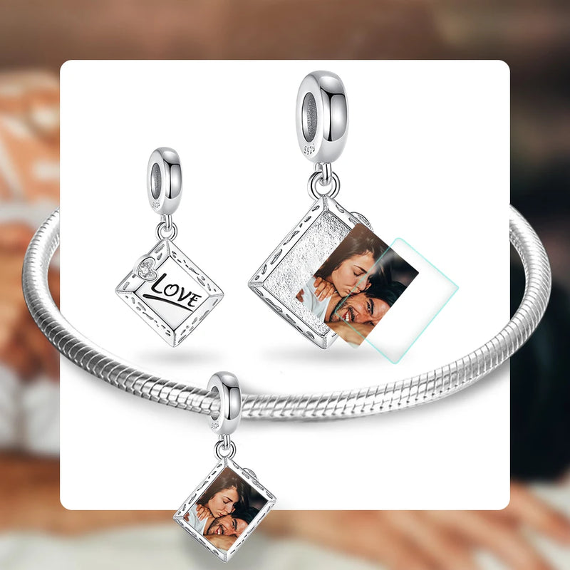 925 Sterling Silver Love Square Dangle Charms Beads