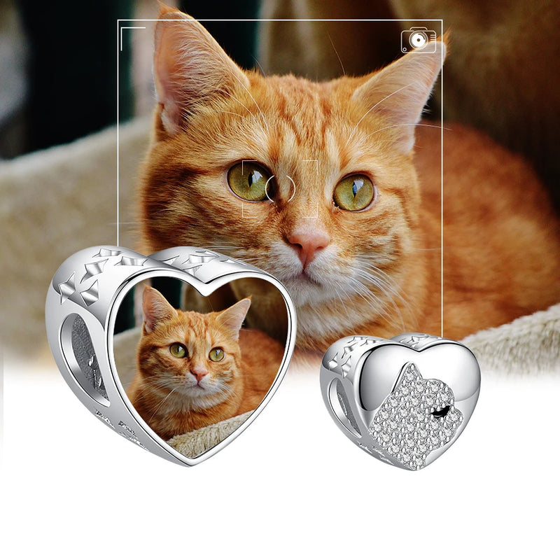 Custom Crystal Cat Heart Bead 925 Sterling Silver Charm