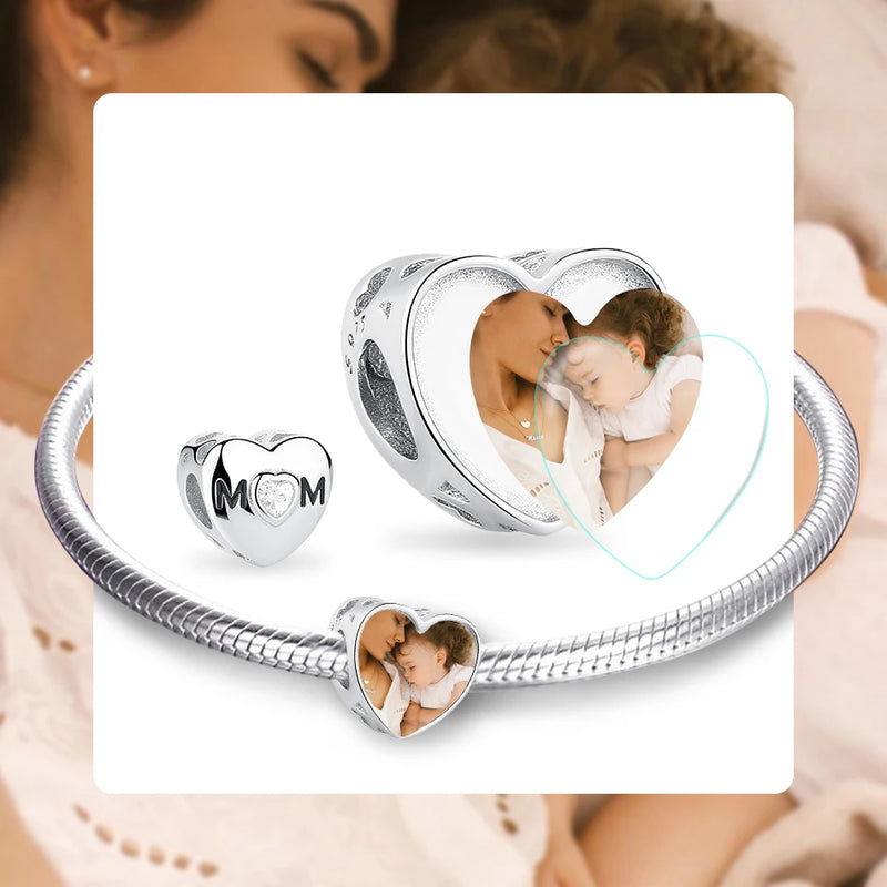 Custom Mom Heart Bead for Bracelet 925 Sterling Silver Charm