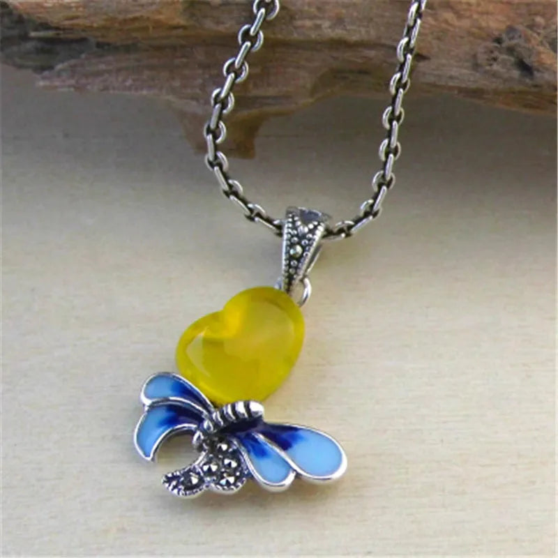 925 Silver Retro Yellow Agates Butterfly Pendant for Women