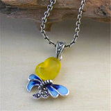 925 Silver Retro Yellow Agates Butterfly Pendant for Women