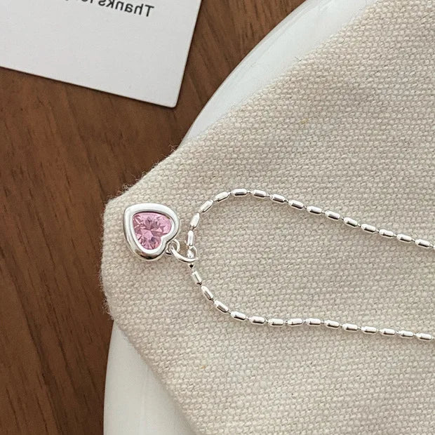 925 Silver Pink Heart Necklace for Women