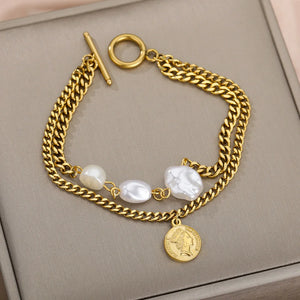Pearl Portrait Cross Chains Bracelet Jewelry