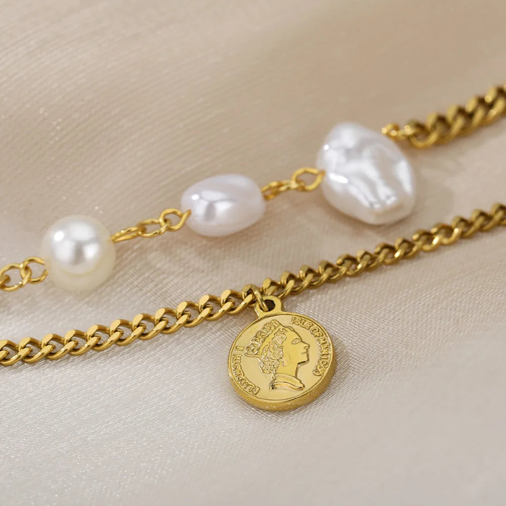 Pearl Portrait Cross Chains Bracelet Jewelry