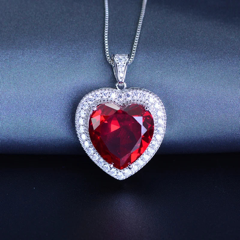 925 Silver Necklace with Ruby Zircon Heart Pendant