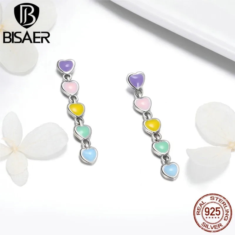 925 Silver Rainbow Heart Enamel Stud Earrings For Women