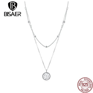 925 Silver Double Deck Star Pendant Necklace Platinum Chain Women