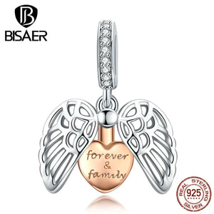 925 Silver Guardian Wings Family Charm Bead Forever Rose Heart Bracelet
