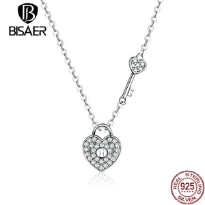 925 Silver Heart Lock Pendant Necklace CZ Chain Platinum Plated
