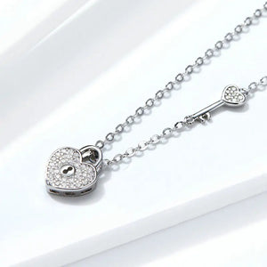 925 Silver Heart Lock Pendant Necklace CZ Chain Platinum Plated