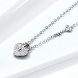 925 Silver Heart Lock Pendant Necklace CZ Chain Platinum Plated