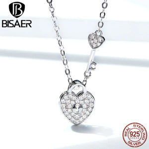 925 Sterling Silver Heart Key Necklace Platinum Chain Fine Jewelry