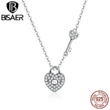 925 Sterling Silver Heart Key Necklace Platinum Chain Fine Jewelry