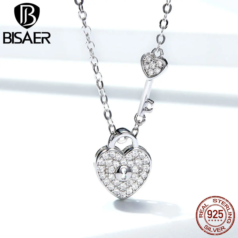 925 Sterling Silver Heart Key Necklace Platinum Chain Fine Jewelry