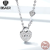 925 Sterling Silver Heart Key Necklace Platinum Chain Fine Jewelry