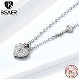 925 Sterling Silver Heart Key Necklace Platinum Chain Fine Jewelry