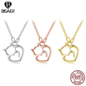 925 Silver Cat Heart Necklace for Women