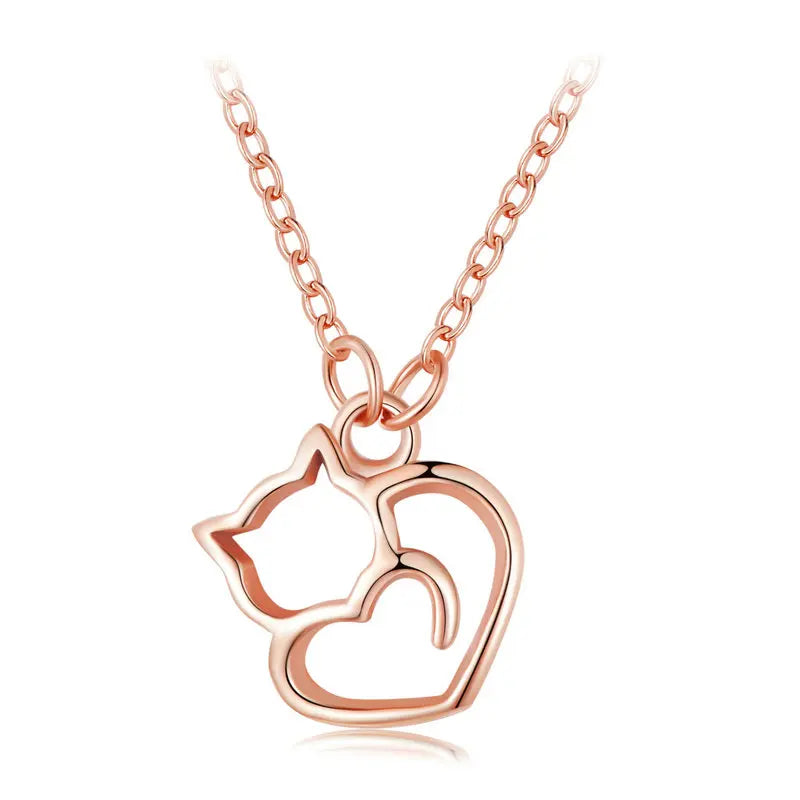 925 Silver Cat Heart Necklace for Women
