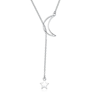 925 Silver Moon & Star Pendant Necklace Platinum Chain Women Fine Jewelry