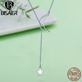 925 Silver Moon & Star Pendant Necklace Platinum Chain Women Fine Jewelry