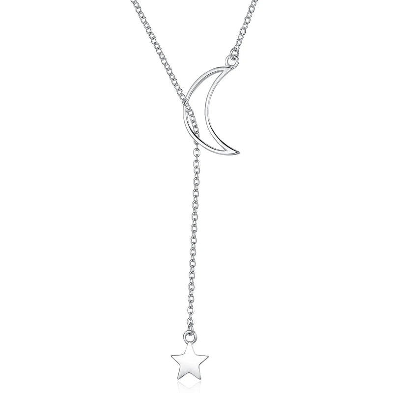 925 Silver Moon & Star Pendant Necklace Platinum Chain Women Fine Jewelry